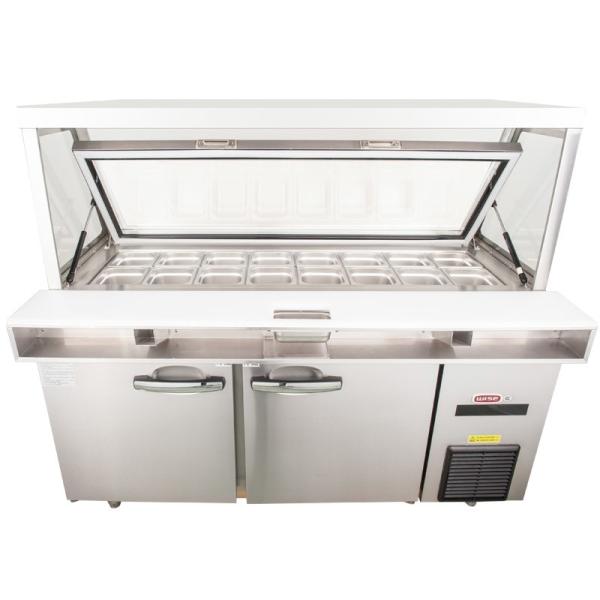 Blue Ray 2 Door Refrigerated Sandwich Prep Table With Glass Lid Fan Cooling / Commercial Salad Bar Refrigerator Freezer