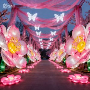Custom Cherry Blossom Butterfly Walkway Lantern, Pink Fabric Flower & Hanging Butterfly LED Light Tunnel for Park, Scenic Spot & Spring Festival Event