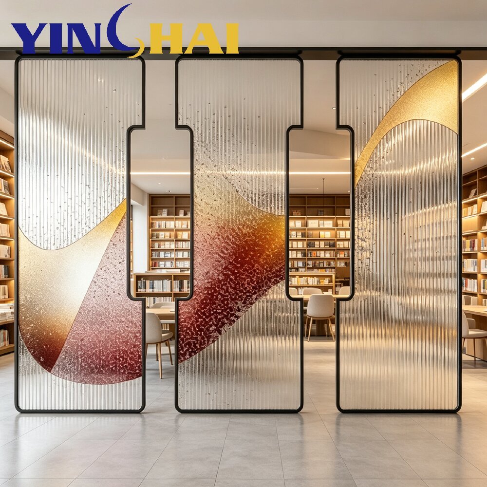 Custom Stainless Steel Divider Screen with Vertical Rippled Gradient Decorative Glass