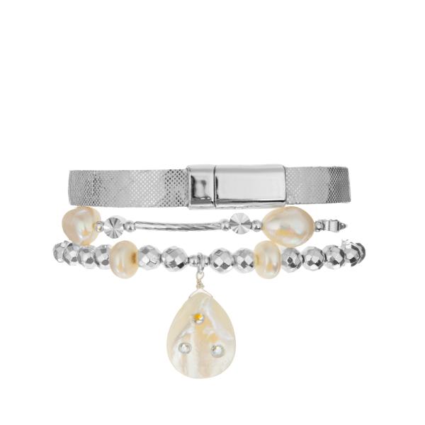 Shiny Silver Women'S Beaded Bracelet Set 0.7mm stretch With Shell And Hematite