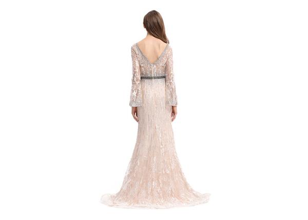 Mermaid Arabic Long Sleeve Formal Dresses , Long Sleeve Dress With Sequined Sash