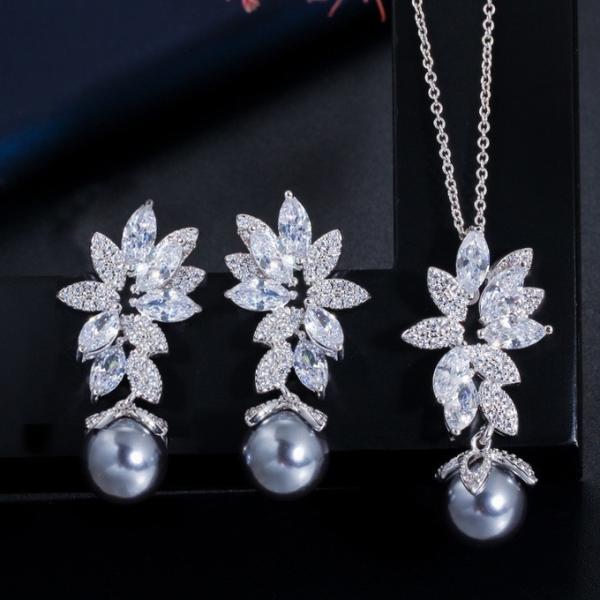 Pearl Jewelry SetBridal Wedding Jewelry Sets For Women Green Crystal Silver Color Tear Drop Jewelry Necklace Set