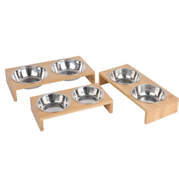 Elevated Double Bowl Frame Pet Ceramic Bowl Bamboo Wood Stand Ceramic Dog Bowls