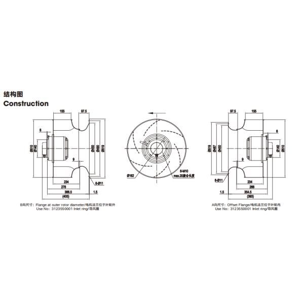 1359rpm curvou para trás os fãs centrífugos conduzidos pelo motor externo do rotor