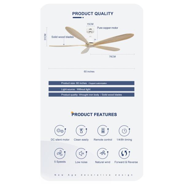 Ventilador de teto de lâmina de madeira de 60 polegadas com motor de corrente contínua de cinco velocidades