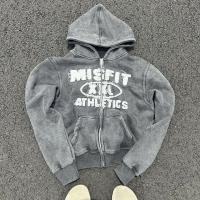 Cadeau de pierre ancienne lavée à l'applique patchwork brodée Hoodies coton lourd gris coupé fermeture à glissière Hoodie en détresse