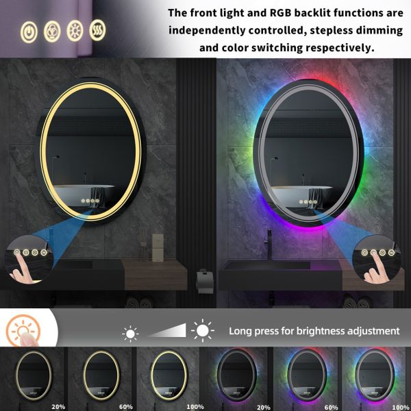 Oval RGB LED Lighted Smart Bathroom Mirror High Definition Eco-Friendly Explosion-Proof Anti-Fog Modern Design IP44 Illuminated