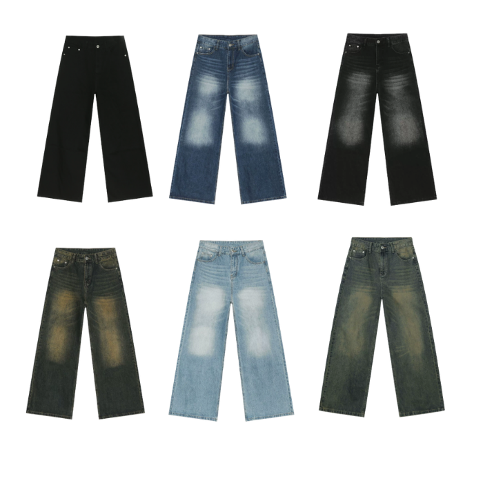 Washed Straight Denim Pants Elastic Back Washed Denim Pants Black Blue