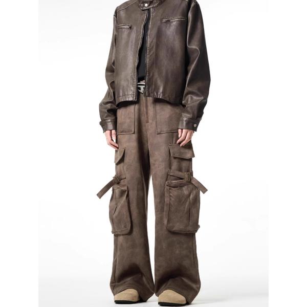 Loose Straight Leg Casual Trousers for Men Vintage Multi-Pocket Deerskin Overalls