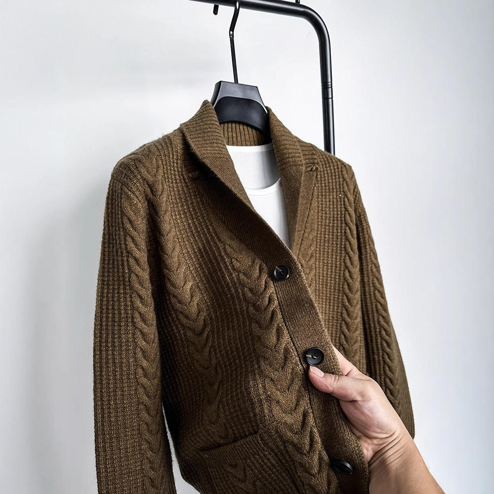 Men's Thick 30% Wool Cable Knit Cardigan Sweater Japanese-Style Retro Twist-Pattern V-Neck