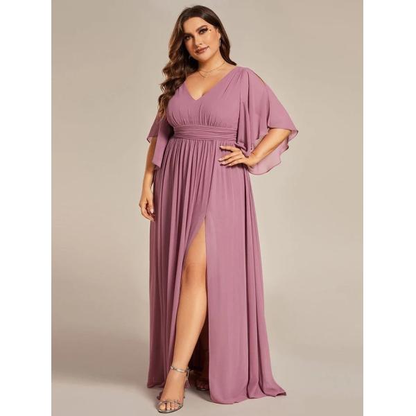 Plus Size A-line Half Sleeves V-neck Ruffled High Slit Purple Orchid Chiffon Evening Dress
