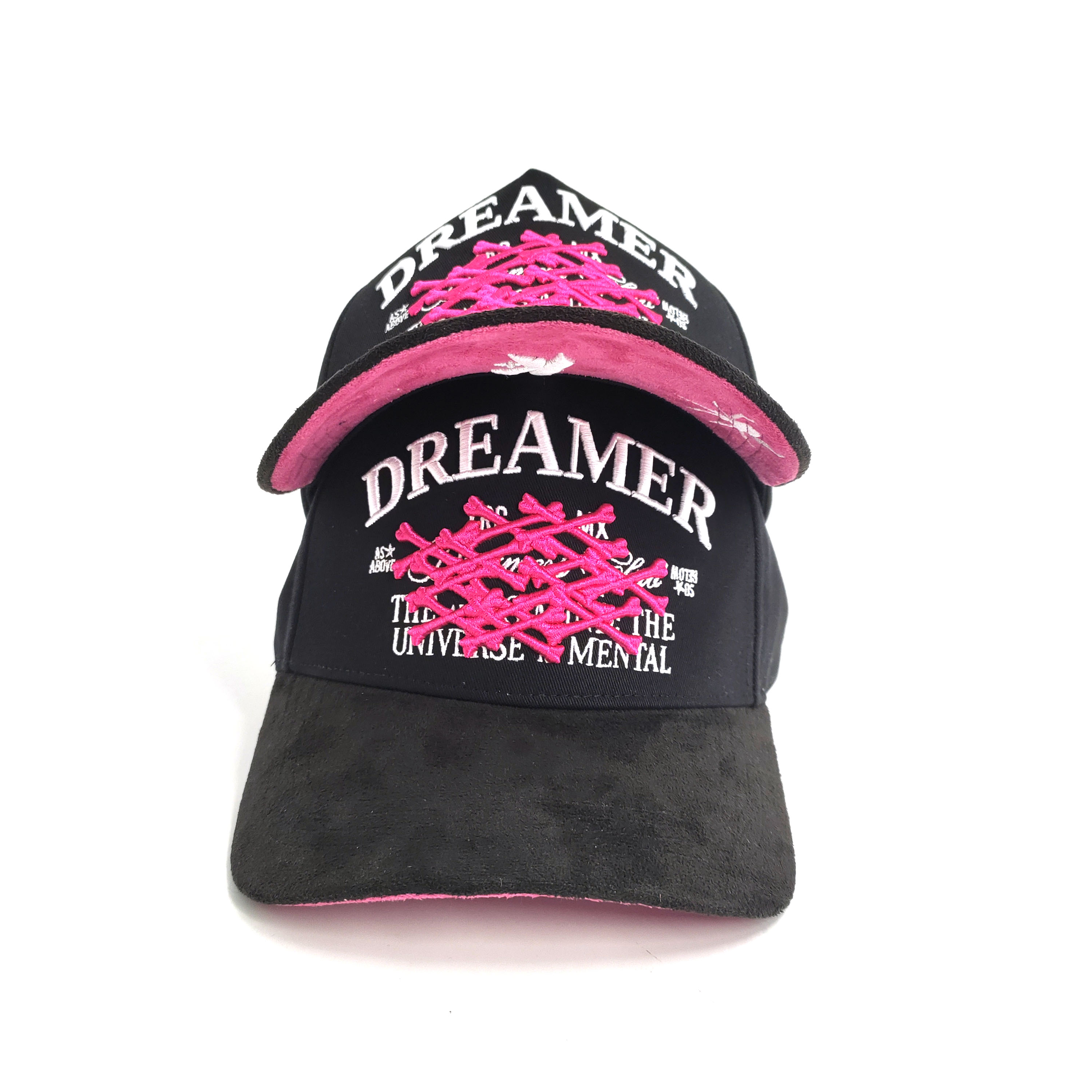 Streetwear Baseball Hats Customize 3D Embroidery Logos Hot Pink Suede Brim High Crown Cotton Full Black Satin Lined