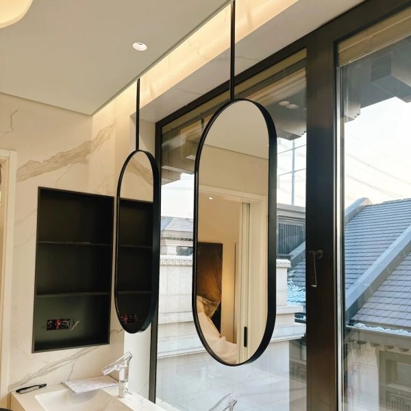 Double-Sided Stainless Steel Oval Bathroom Mirror Hanging Ceiling Suspended Mirror for Hotels and B&Bs with Hanging Rod