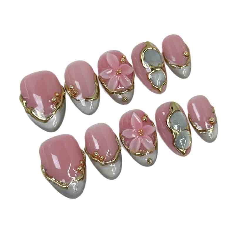Reusable Gentle Nail Art Handmade Fake Nails Almond 3D Flower Gold Frame Design