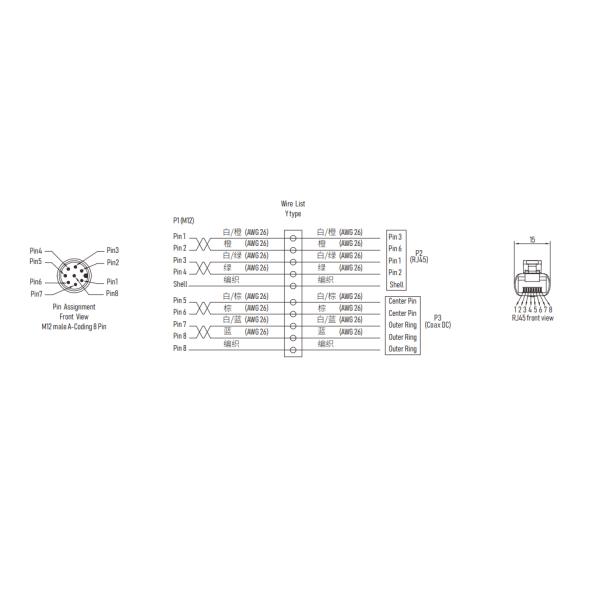 8 Pin a закодировал кабель M12 Splitter M12 y к DC RJ45 8P8C 5.5x2.1