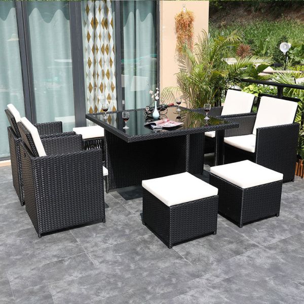 8 Seater Outdoor Rattan Chairs Courtyard Garden Space Saving Tempered Glass Coffee Table Set