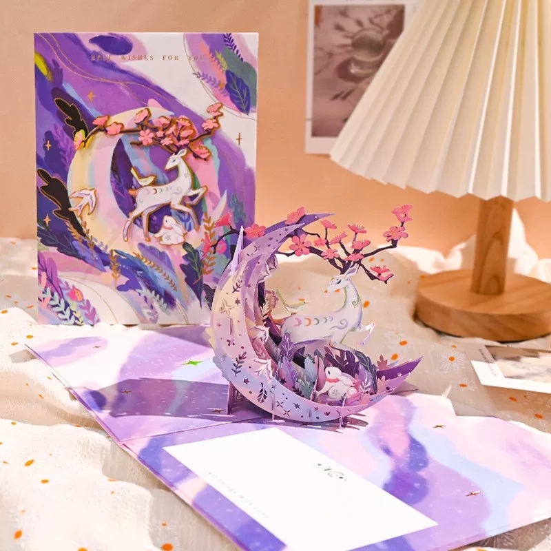 3d Pop Up Greeting Cards With Laser-cut Cosmic Crescent Moon And Whale Motifs
