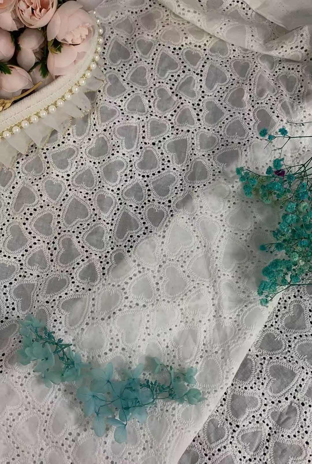 100% Cotton Embroidered Heart Pattern Breathable Eyelet Lace Fabric 150cm Width Home Textile & Women's Clothing Dress