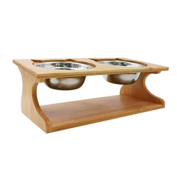 35x17.5x13cm Bambú elevado Cão gato Food Stand Feeder com 2 aço inoxidável Taças elevadas Logotipo do cliente