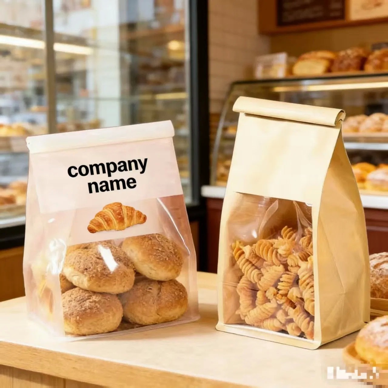 Custom Printed Bread Food Kraft Paper Bags Resealable Mylar Window Flat Bottom Packaging