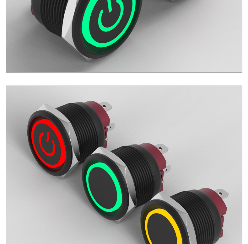 HongYe 22mm Metal Push Button Switch 15A High Current Alumina Black Housing Self-Locking Momentary 1NO IP65 Max 220V LED Ring