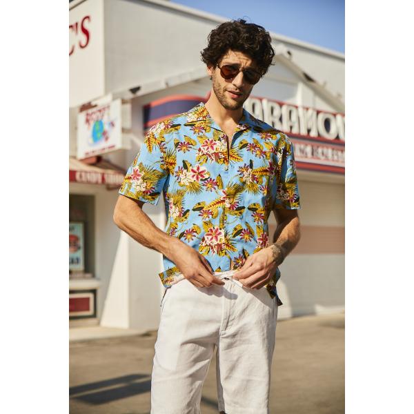 52% Linen Summer Button Up Shirts Mens Short Sleeve Hawaiian Casual Floral Shirts