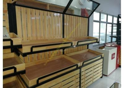 Double Layer Wooden Retail Display Shelves / Vegetables Display Rack With Mirror