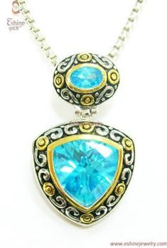 Hot Selling Antique bali vine Style brass jewelry pendant with trillant aqua CZ+ two tone
