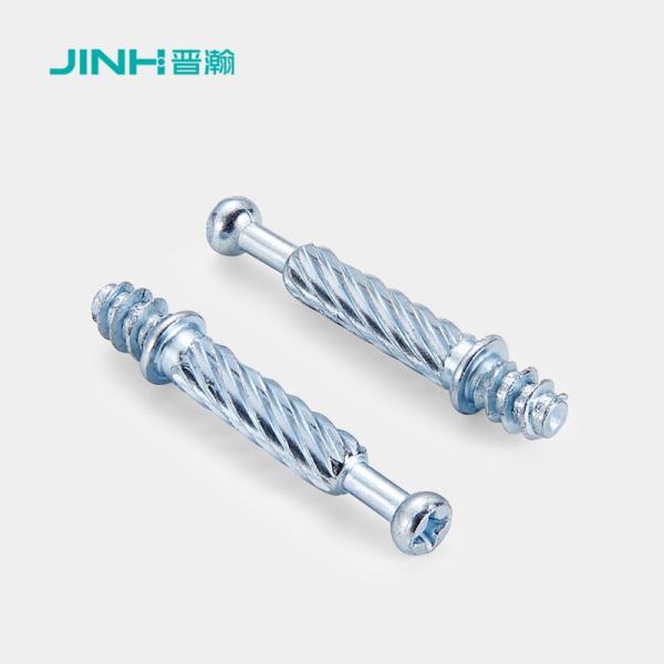 JH-2171 Vis de fixation pour meubles avec finition zinc bleu, tige filetée de 40 mm, boulon en acier au carbone étiré à froid, couple de 12 N, système de fixation à came