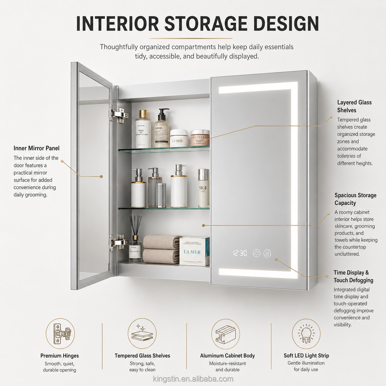 Kingstin Custom LED Bathroom Mirror Cabinet Aluminum Smart Medicine Cabinet with Defogger Clock Touch Light