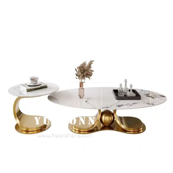 Luxury Coffee Table Hotel Furniture Marble Table Top Gold Metal Stainless Steel Side Oval Tea Coffee Table