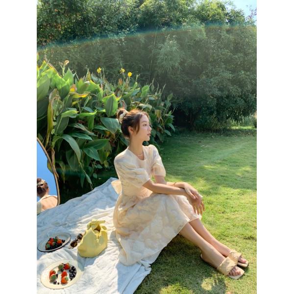 Back Tie Bow Waist Puff Sleeve A Line Dress