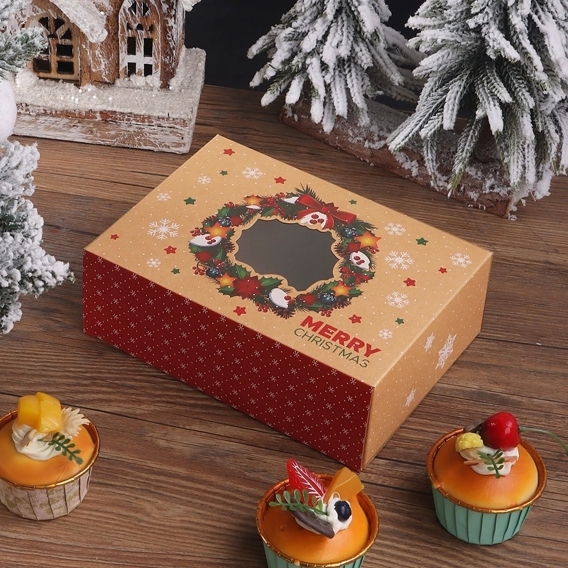 Christmas Kraft Paper Bakery Box With Clear Window For Holiday Treats