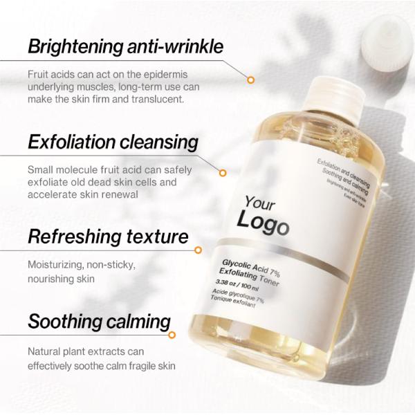 Vente à chaud 7% d'acide glycolique tonique exfoliant élimination de l'acné tonique de soins de la peau du visage tonique de marque privée tonique exfoliant glycolique