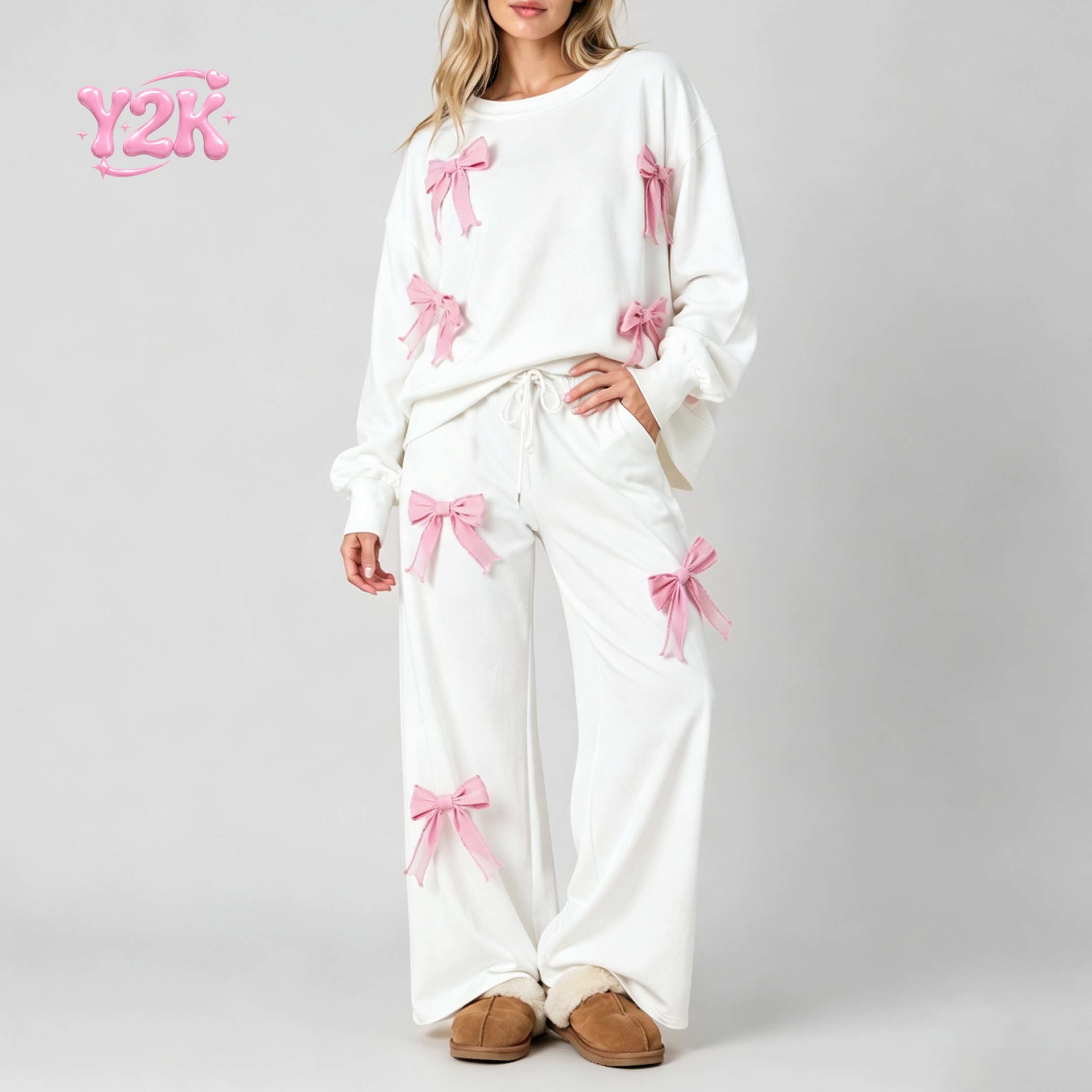 Custom Women's Bow Applique Sweatshirt Wide Leg Pants Set