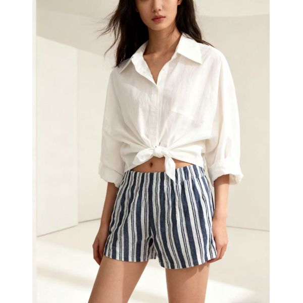Relaxed Textured Striped Linen Blend Shorts - Elastic Waist