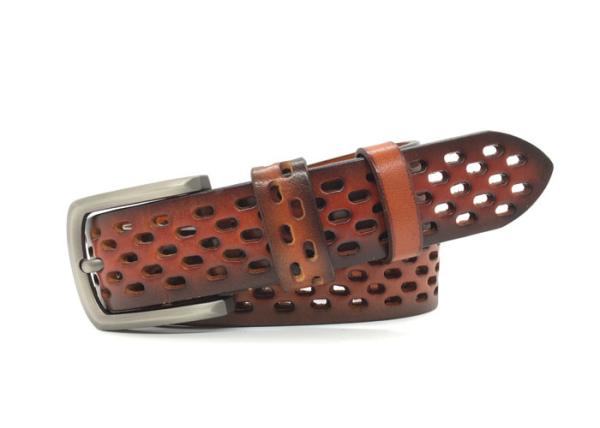 Men's Large Metal Buckle Hollow Wide Waist Belt Genuine Leather 1.5 Inches Wide Tan Color
