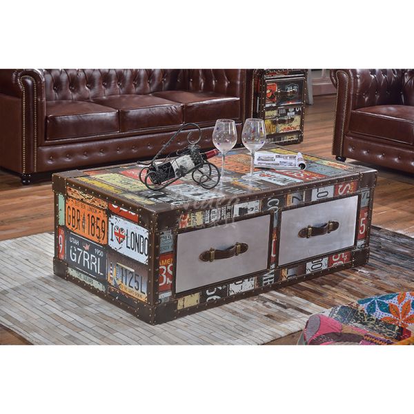Nidea #8653 Handcrafted Durable Multi-purpose Vintage Wood Living Room Cabinet Retro License Plate Design Featuring Two Drawers