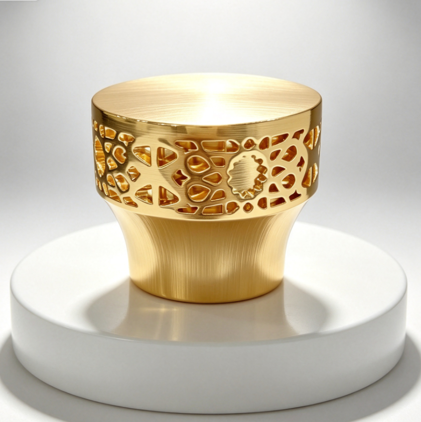 Luxury Brushed Gold Hollow‑Out Zamac Perfume Cap, Cutout Textured Zinc Alloy Fragrance Bottle Lid, Custom Logo Hollow Carved Metal Perfume Cover