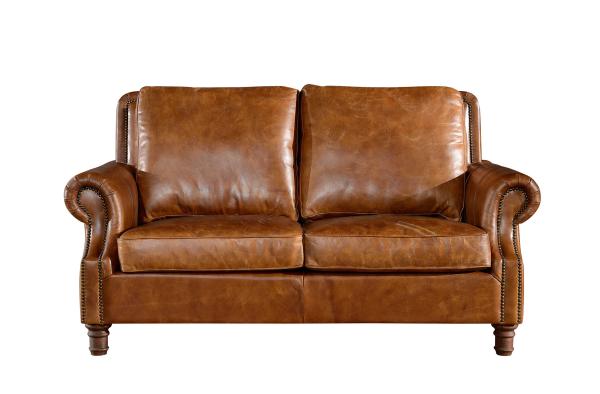 Retro Crack 2 Seater Chocolate Brown Leather Sofa Brass Nails Full Handwork Craft