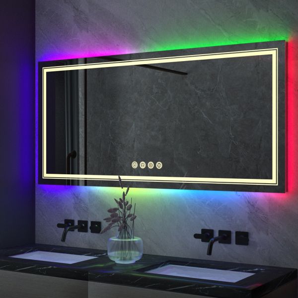 Modern Luxury Frameless LED Backlit Bathroom Anti-Fog Rectangular Touch Screen RGB Color Changing Feature IP44 Rated for Hotels