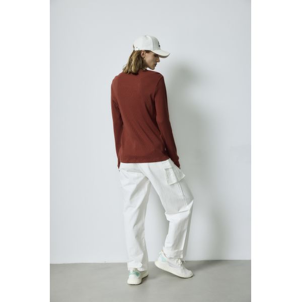Rust Brown Ribbed Basic Tops Henley Neck Top White Cargo Pants Set