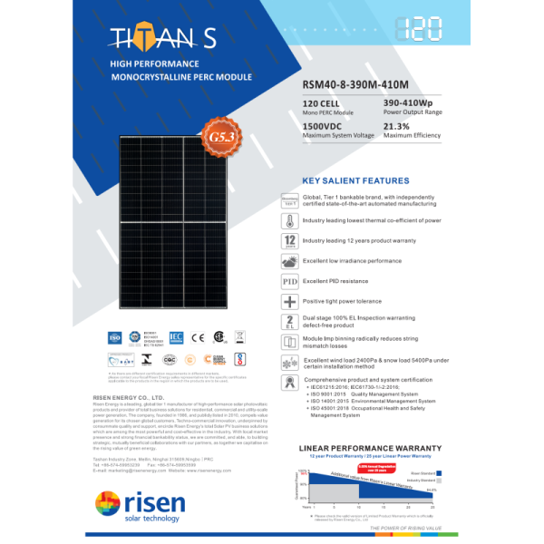 Risen Mono Perc Module Solar Panel 390w 395w 400w 405w 410w Monocrystalline Solar Panel Wholesale Balkonkraftwerk 600 800w