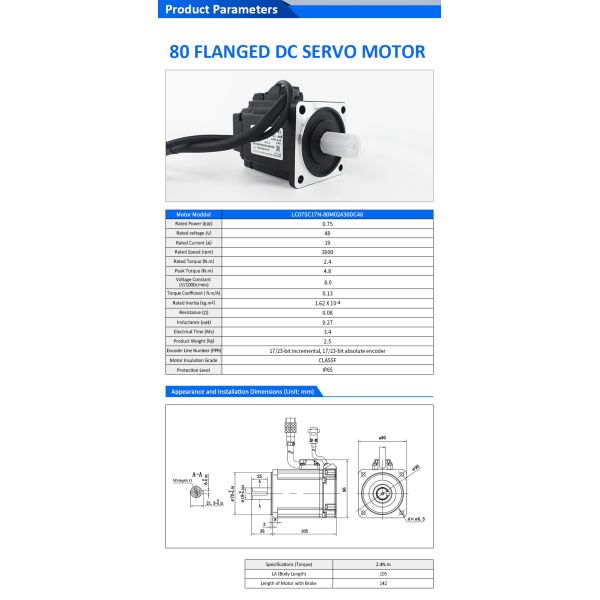 Lichuan DC Servo Motor Drivers Kit DS2-20P/R/C/E Low Voltage 2.4N.m 750W 48V 19A 3000RPM IP65