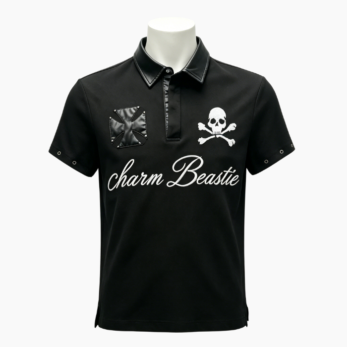 Gothic Skull Embroidery Polo Shirt, Faux Leather Collar Rivet Cross Patch Punk Short Sleeve Top for Men