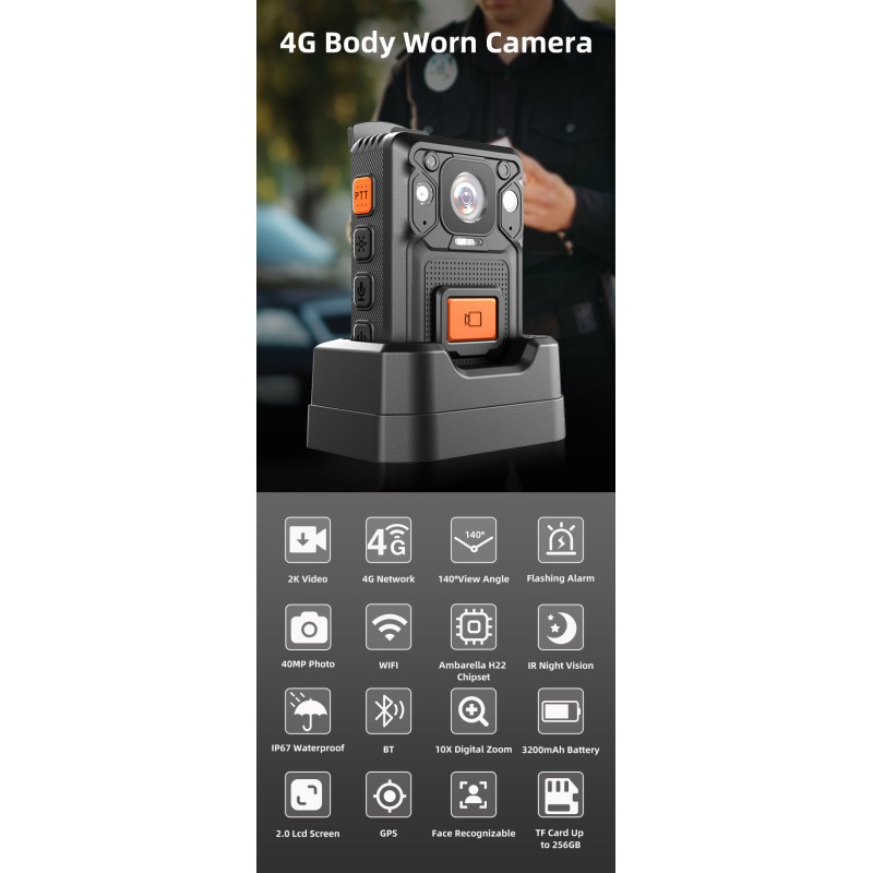 Portable 4G Body Worn Camera 2K Video 40MP Photo IP67 Waterproof IR Night Vision WIFI&GPS&BT Function Camera for Security Guard