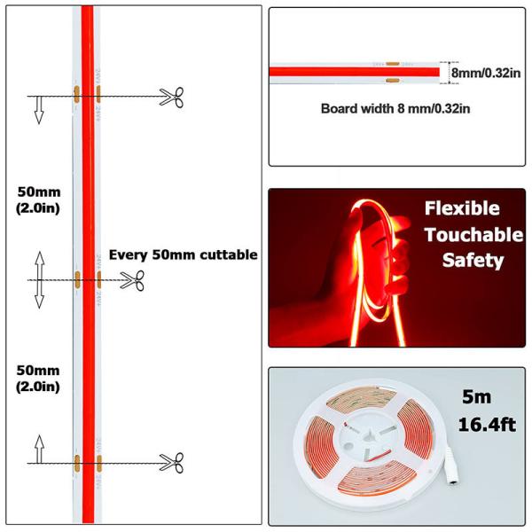 COB LED Strip Light IP20 8mm 12V24V 480leds Vermelho para decoração interior e exterior