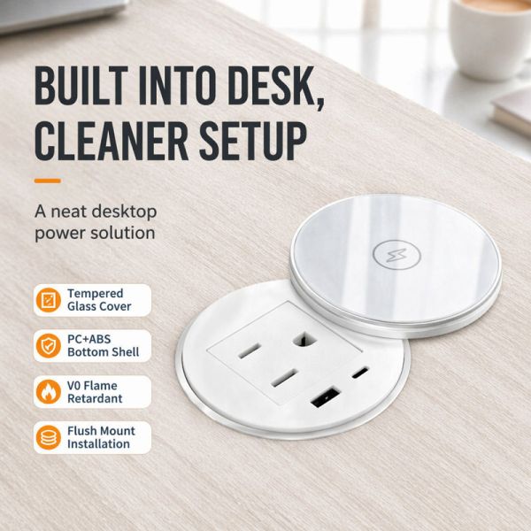 Recessed Desktop Power Strip with Wireless Charging Pad and Rotating Cover Black