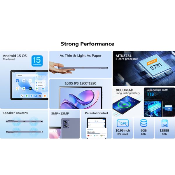 Kinstone 10.95inch Andriod 15 Tablet PC 8000mAh, 1200*1920 FHD Incell, 6GB+128GB