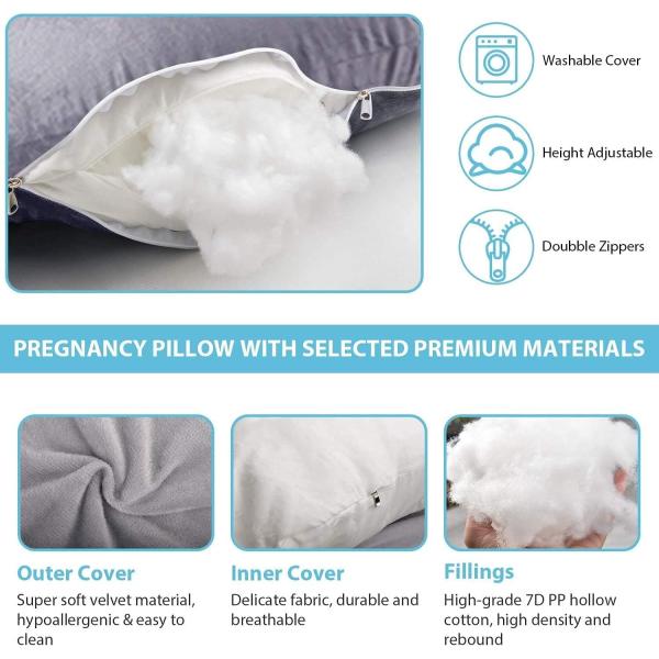 Grey Velvet Cover J Shaped Full Body Pregnancy Pillow for Home Decor Sofa Cushion